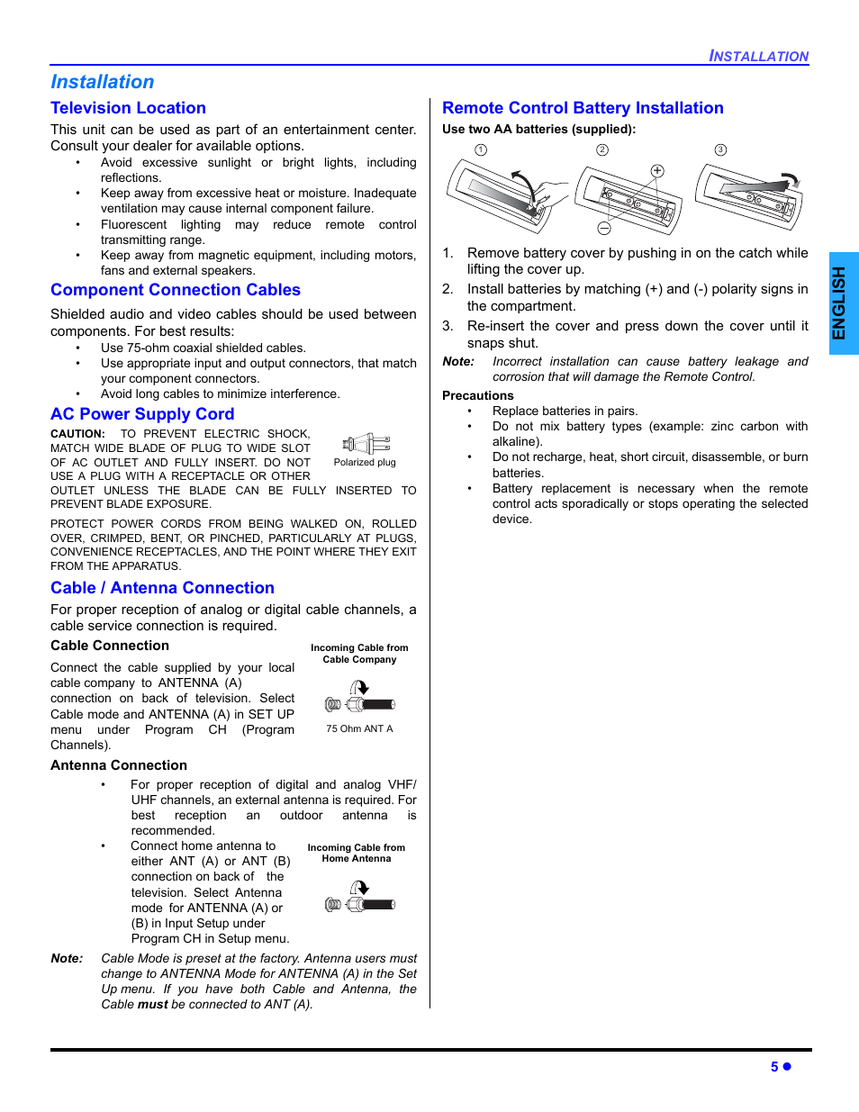 Installation, Television location, Component connection cables | Ac power supply cord, Cable / antenna connection, Remote control battery installation, English | Panasonic PT 47WXD64 User Manual | Page 7 / 88