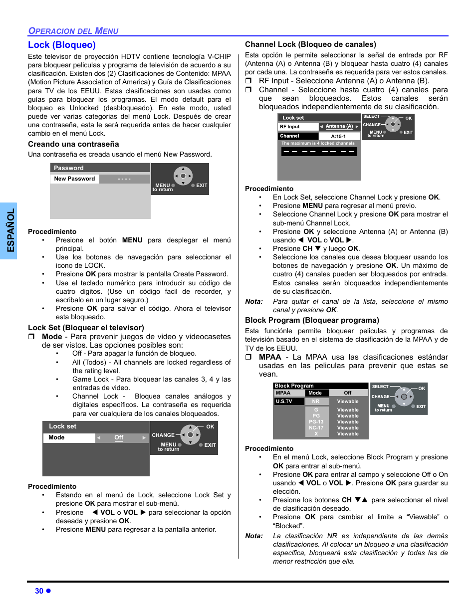 Bloqueo, Es p añol lock (bloqueo) | Panasonic PT 47WXD64 User Manual | Page 70 / 88