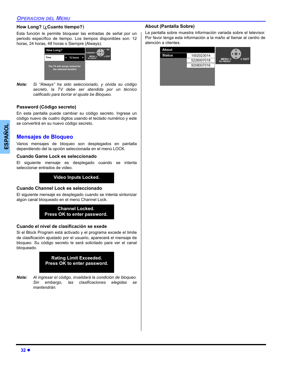 Es p añol, Mensajes de bloqueo | Panasonic PT 47WXD64 User Manual | Page 72 / 88