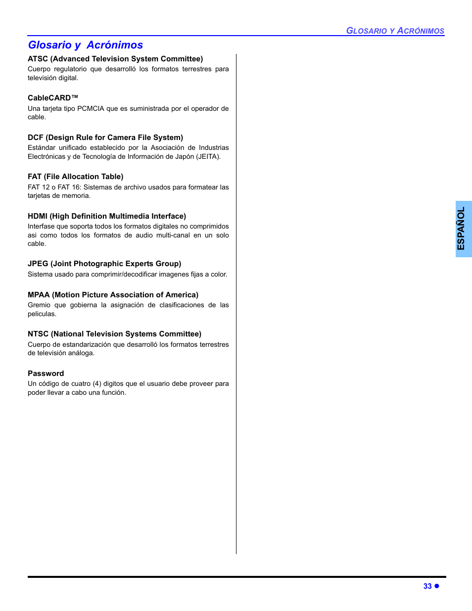 Glosario y acronimos, Glosario y acrónimos | Panasonic PT 47WXD64 User Manual | Page 73 / 88