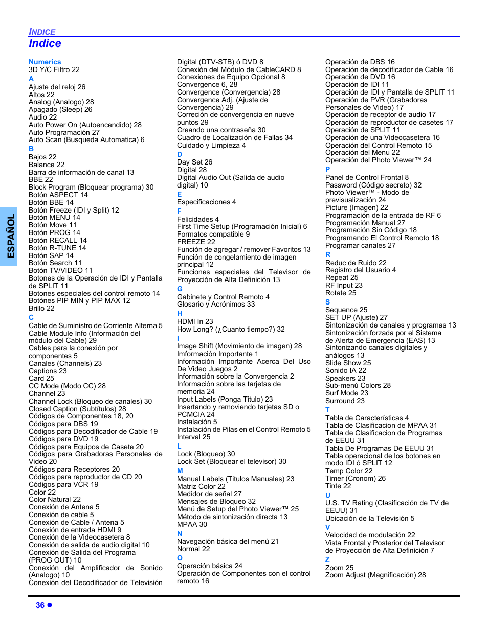 Indice, Es p añol | Panasonic PT 47WXD64 User Manual | Page 76 / 88