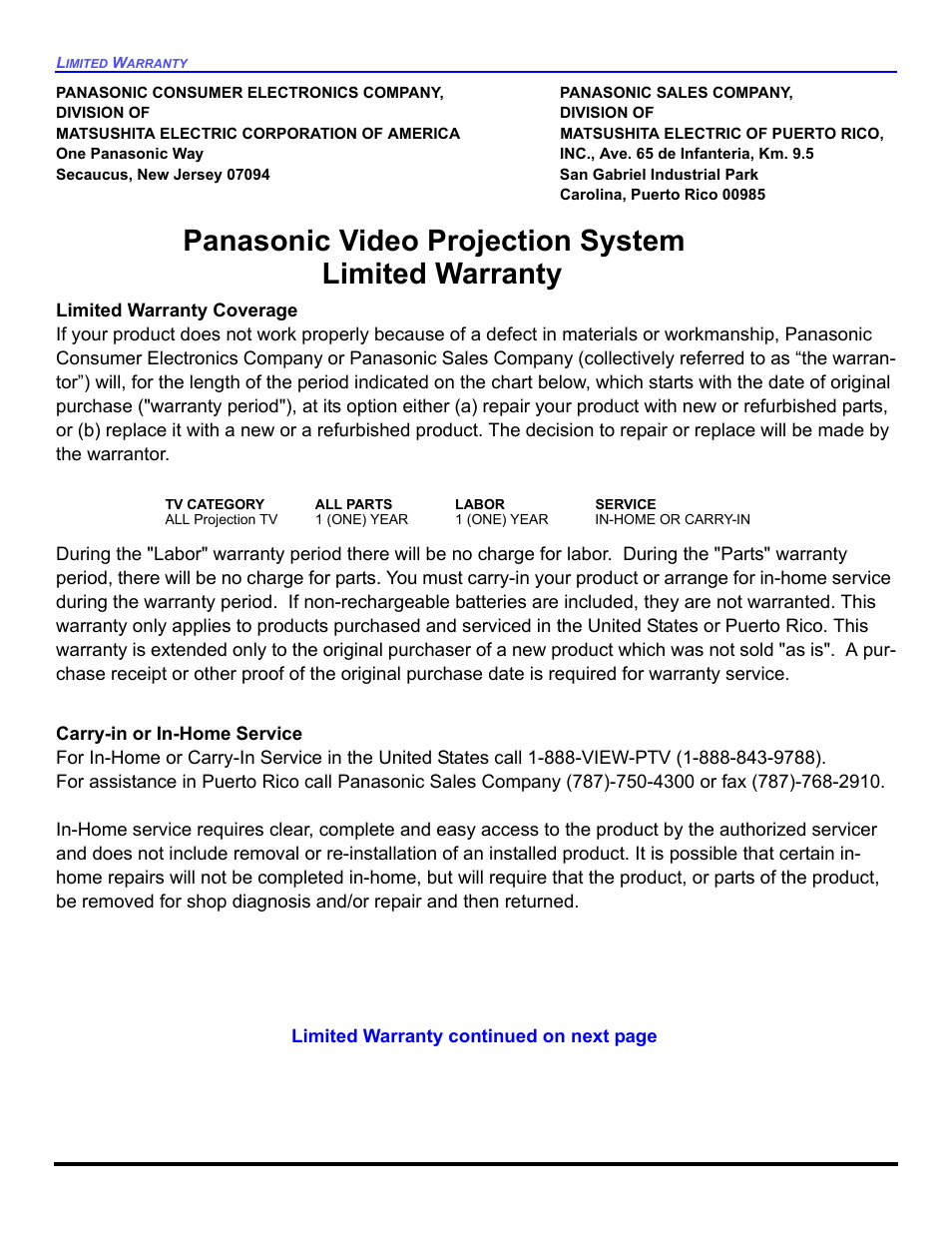 Panasonic video projection system limited warranty | Panasonic PT 47WXD64 User Manual | Page 78 / 88