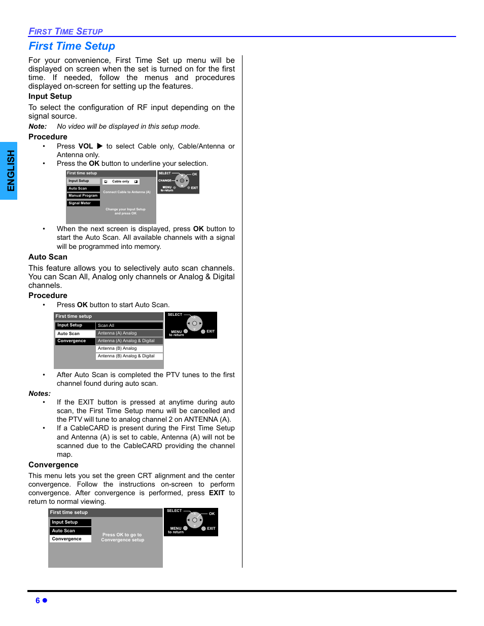 First time setup, English, Procedure | Convergence | Panasonic PT 47WXD64 User Manual | Page 8 / 88
