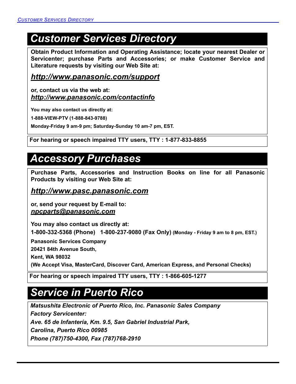 Service in puerto rico, Accessory purchases, Customer services directory | Panasonic PT 47WXD64 User Manual | Page 80 / 88
