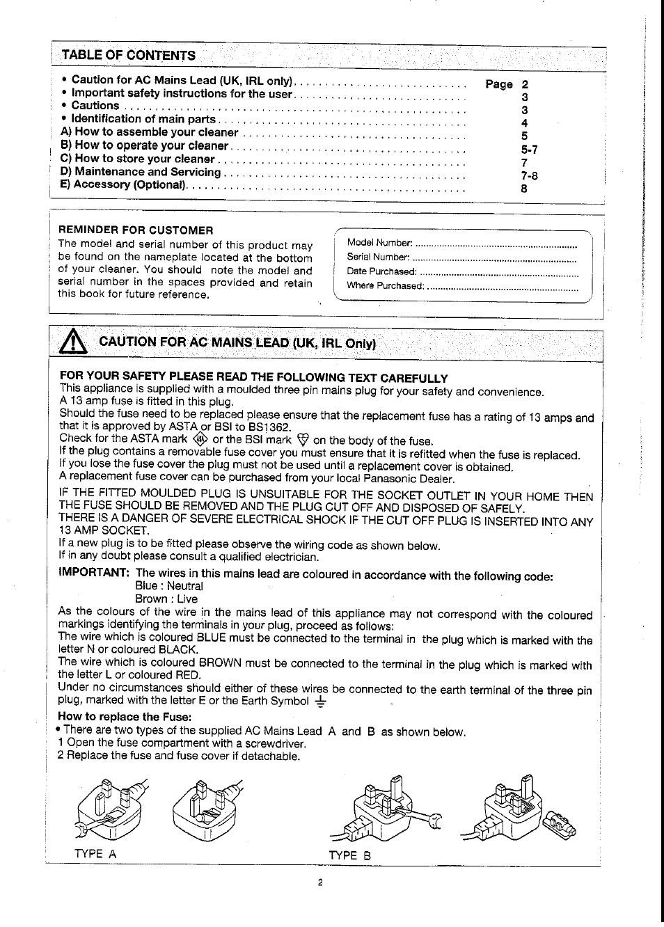 Yfy caution for ac mains lead (uk, irl only) | Panasonic MC-E871 User Manual | Page 2 / 8