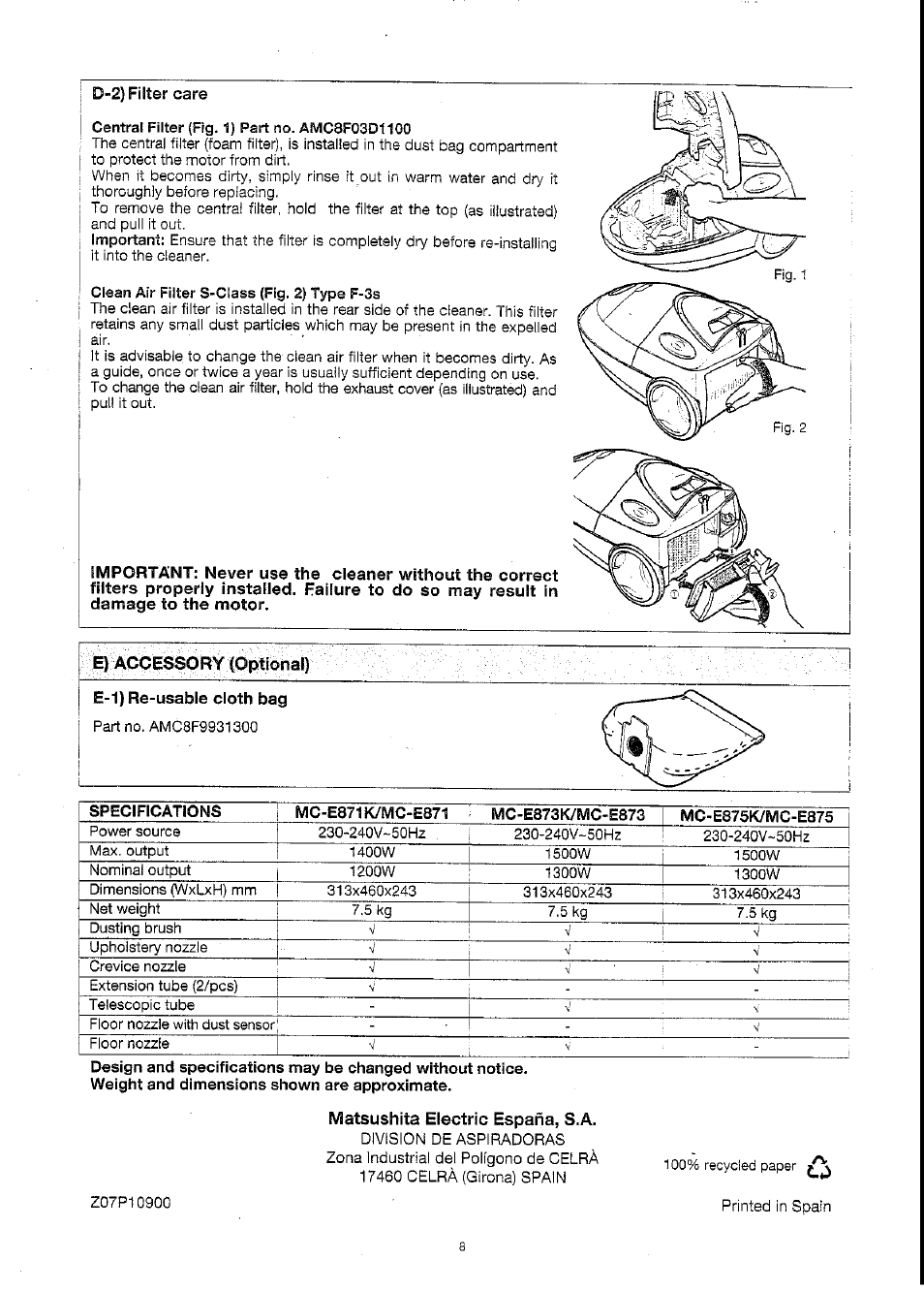 Panasonic MC-E871 User Manual | Page 8 / 8