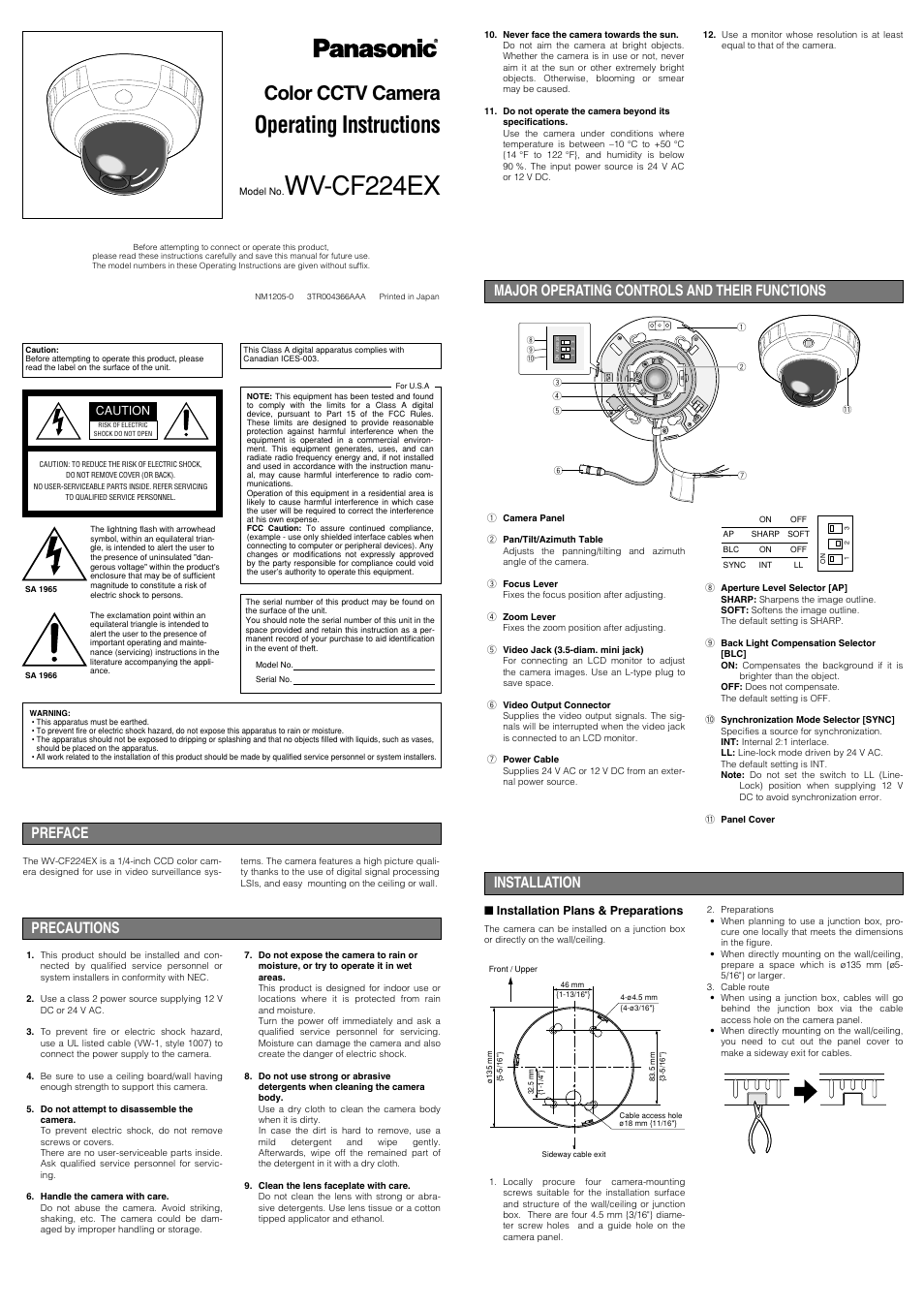 Panasonic WV-CF224EX User Manual | 2 pages