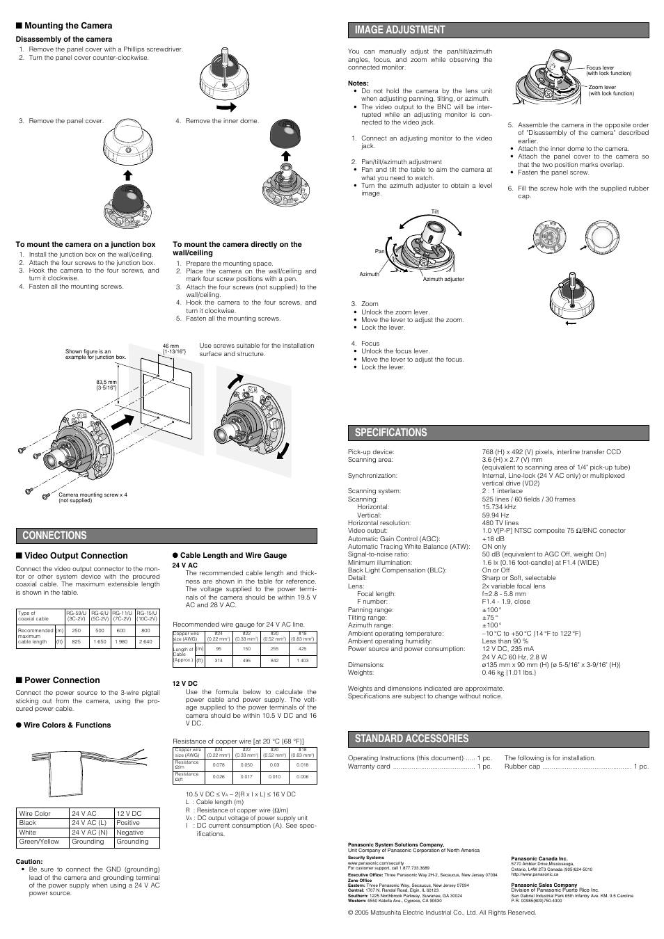 Connections, Image adjustment, Specifications | Standard accessories, Video output connection, Power connection, Mounting the camera | Panasonic WV-CF224EX User Manual | Page 2 / 2