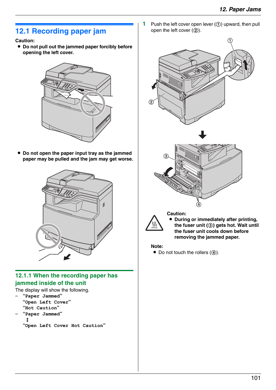 Paper jams, Jams, 1 recording paper jam | Recording paper jam, 1 recording paper jam, Paper jams 101 | Panasonic DPMC210 User Manual | Page 101 / 128