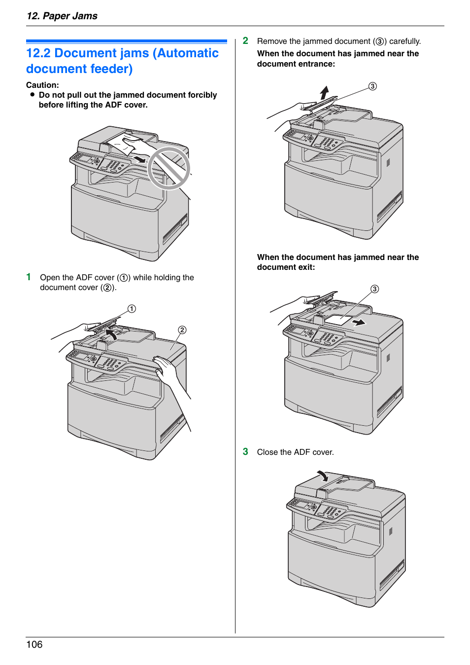 2 document jams (automatic document feeder), Document jams (automatic document feeder), 2 document jams (automatic document feeder) | Panasonic DPMC210 User Manual | Page 106 / 128