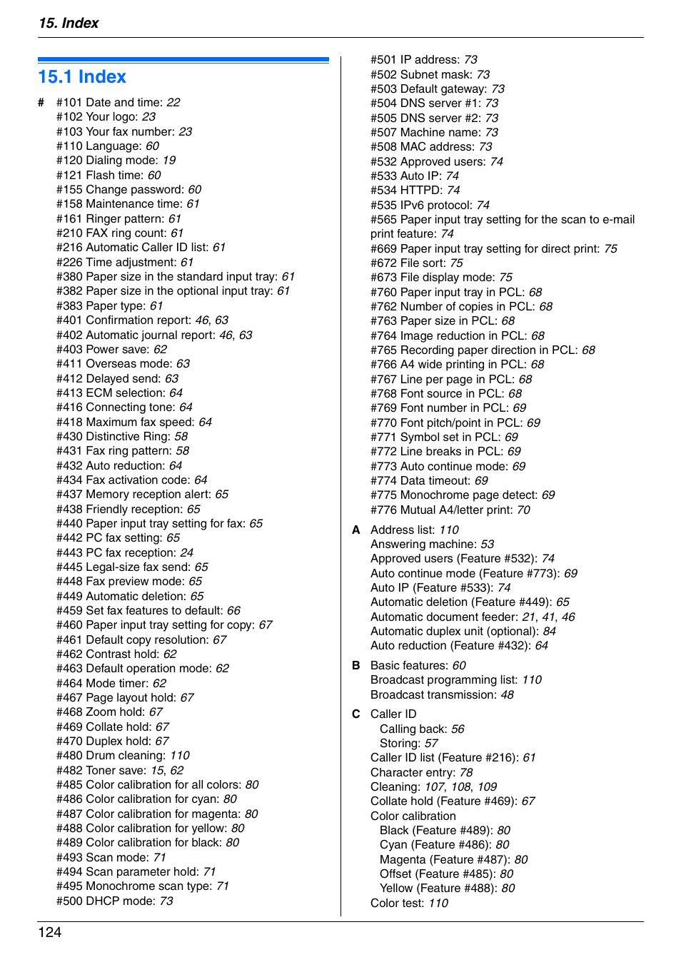 Index, 1 index, Index 124 | Panasonic DPMC210 User Manual | Page 124 / 128