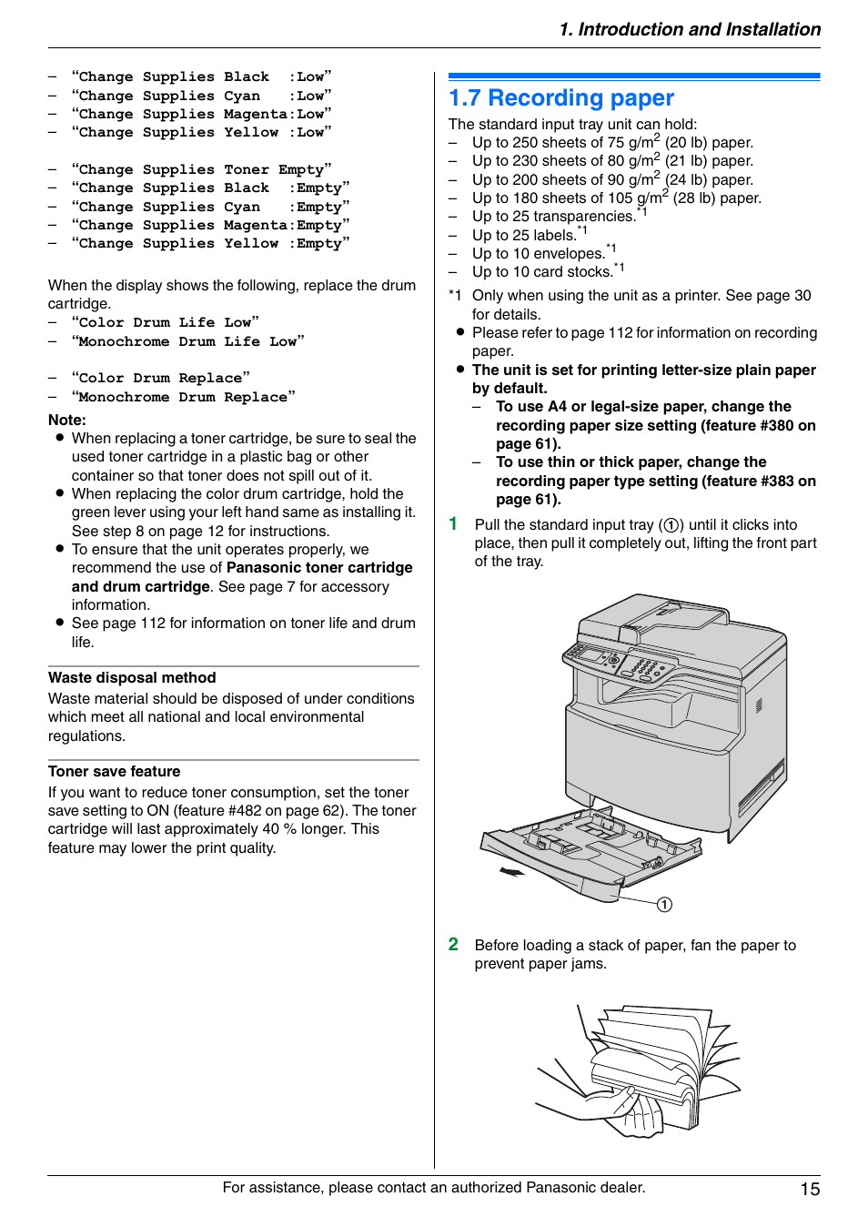 7 recording paper, Recording paper, 7 recording paper | Introduction and installation 15 | Panasonic DPMC210 User Manual | Page 15 / 128