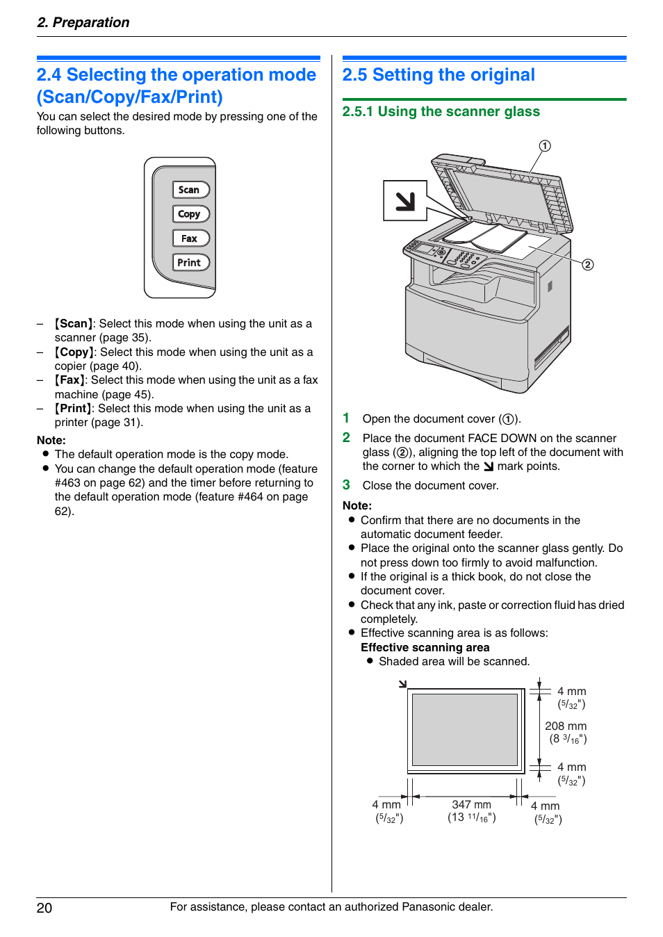 Document requirements, 5 setting the original, Setting the original | 5 setting the original, Preparation 20, 1 using the scanner glass 1 | Panasonic DPMC210 User Manual | Page 20 / 128