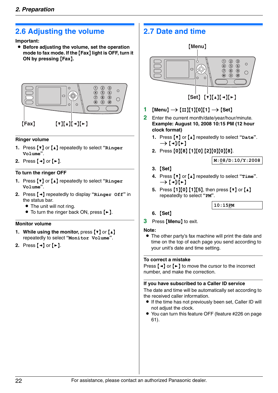 Volume, 6 adjusting the volume, Initial programming | 7 date and time, Adjusting the volume, Date and time, 6 adjusting the volume, 7 date and time, Preparation 22 | Panasonic DPMC210 User Manual | Page 22 / 128