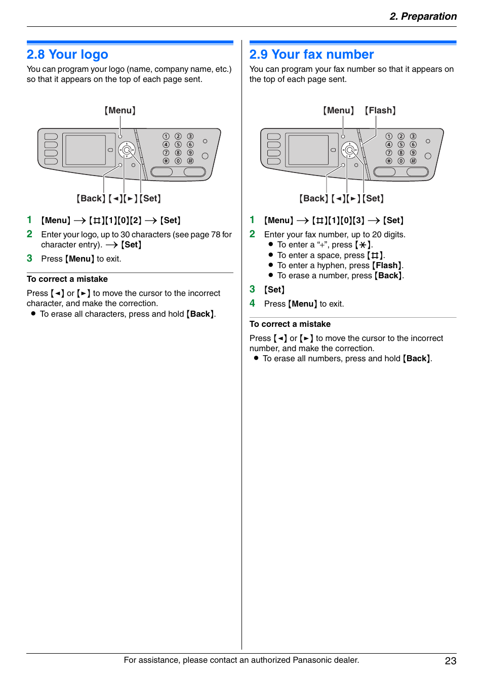8 your logo, 9 your fax number, Your logo | Your fax number, 8 your logo, 9 your fax number | Panasonic DPMC210 User Manual | Page 23 / 128