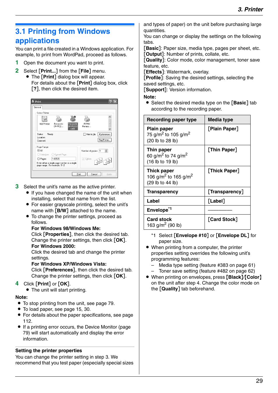 Printer, 1 printing from windows applications, Printing from windows applications | 1 printing from windows applications, Printer 29 | Panasonic DPMC210 User Manual | Page 29 / 128
