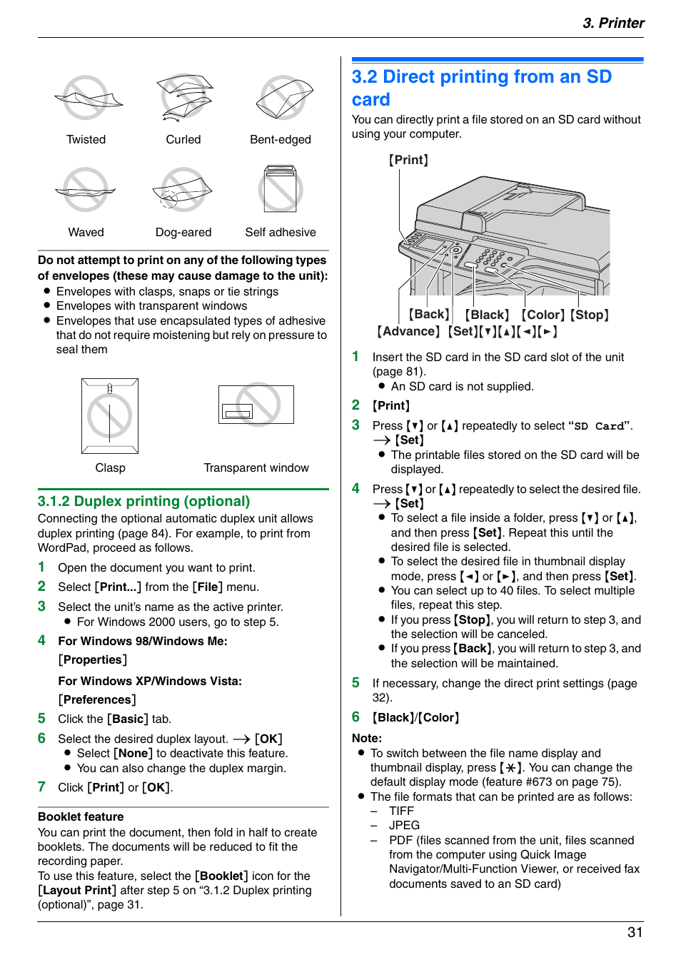 2 direct printing from an sd card, Direct printing from an sd card, 2 direct printing from an sd card | Panasonic DPMC210 User Manual | Page 31 / 128