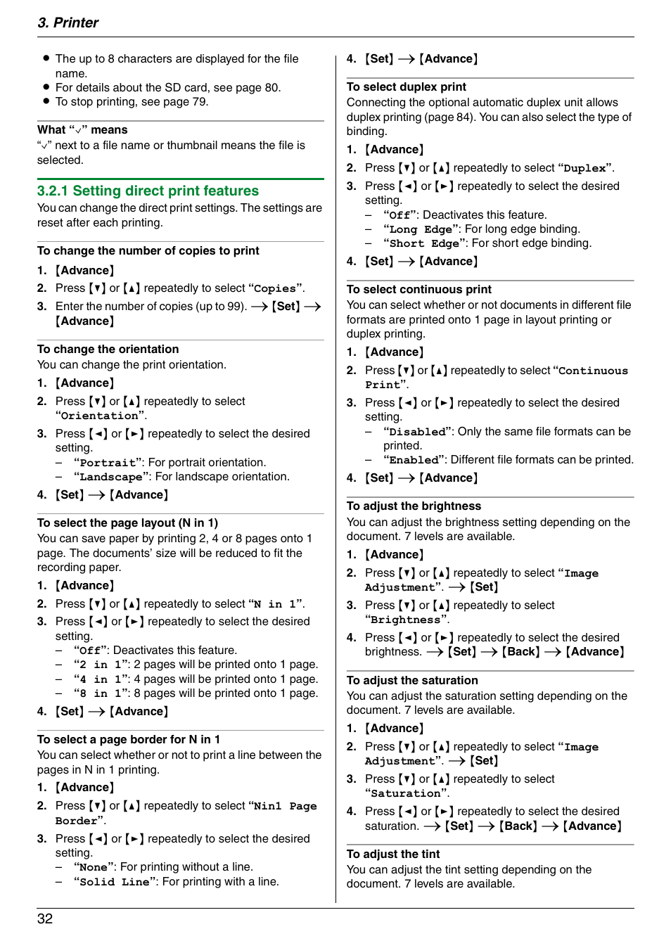 Printer 32, 1 setting direct print features | Panasonic DPMC210 User Manual | Page 32 / 128