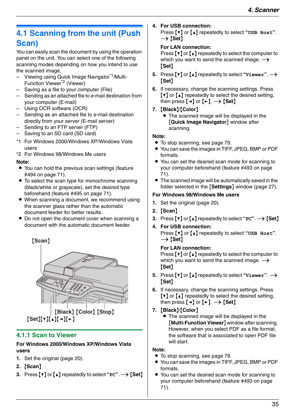 Scanner, 1 scanning from the unit (push scan), Scanning from the unit (push scan) | 1 scanning from the unit (push scan), Scanner 35, 1 scan to viewer | Panasonic DPMC210 User Manual | Page 35 / 128