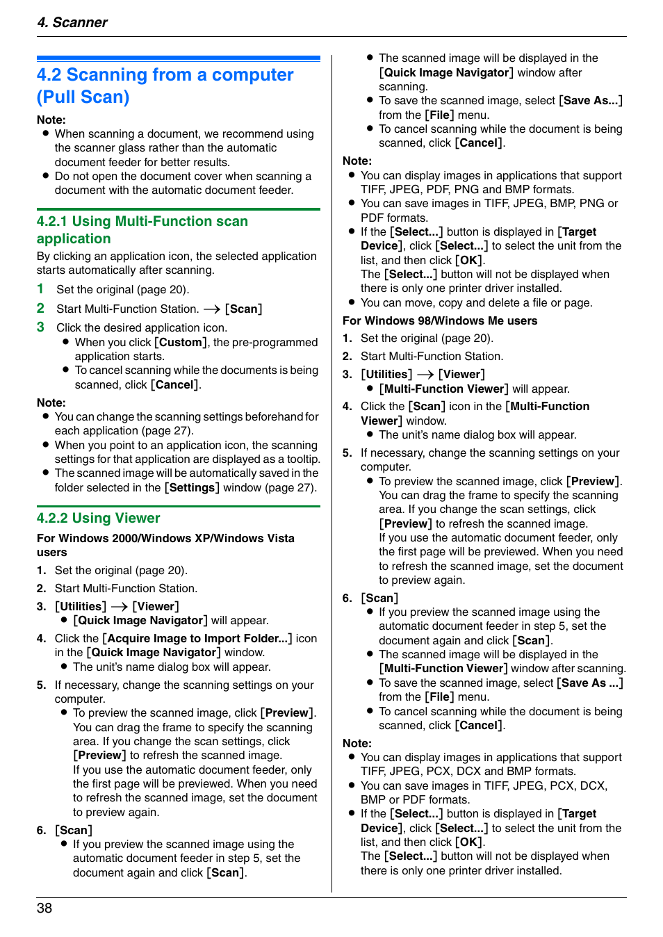 2 scanning from a computer (pull scan), Scanning from a computer (pull scan), 2 scanning from a computer (pull scan) | Scanner 38, 1 using multi-function scan application, 2 using viewer | Panasonic DPMC210 User Manual | Page 38 / 128