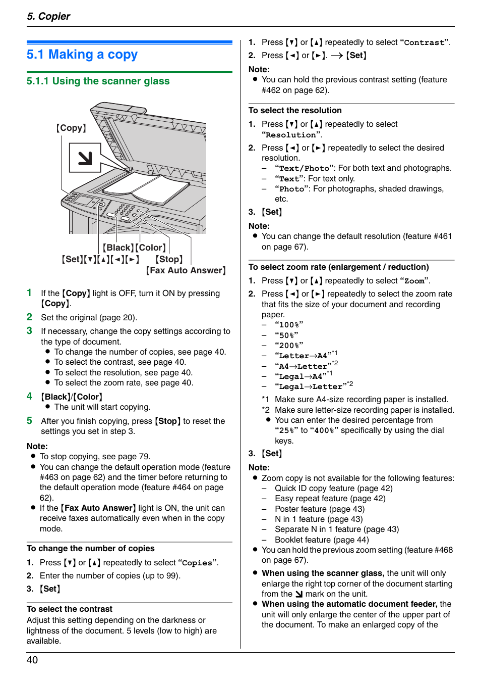 Copier, Copy, 1 making a copy | Making a copy, 1 making a copy, Copier 40, 1 using the scanner glass 1 | Panasonic DPMC210 User Manual | Page 40 / 128