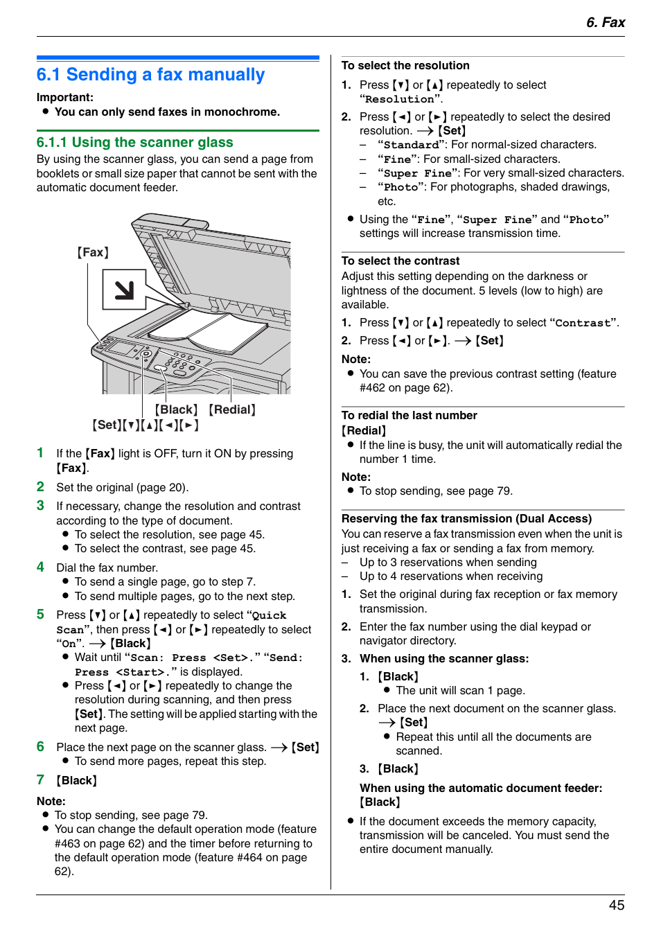 Sending faxes, 1 sending a fax manually, Sending a fax manually | 1 sending a fax manually, Fax 45, 1 using the scanner glass | Panasonic DPMC210 User Manual | Page 45 / 128