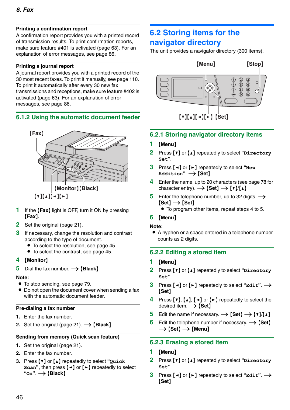 2 storing items for the navigator directory, Storing items for the navigator directory, 2 storing items for the navigator directory | Panasonic DPMC210 User Manual | Page 46 / 128