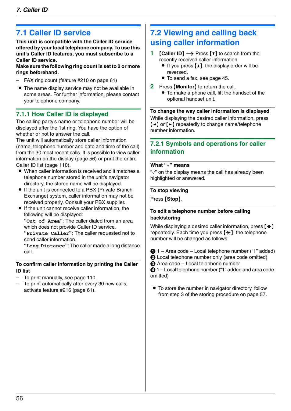 Caller id, 1 caller id service, Caller id service | Viewing and calling back using caller information, 1 caller id service, Caller id 56, 1 how caller id is displayed, 1 symbols and operations for caller information | Panasonic DPMC210 User Manual | Page 56 / 128