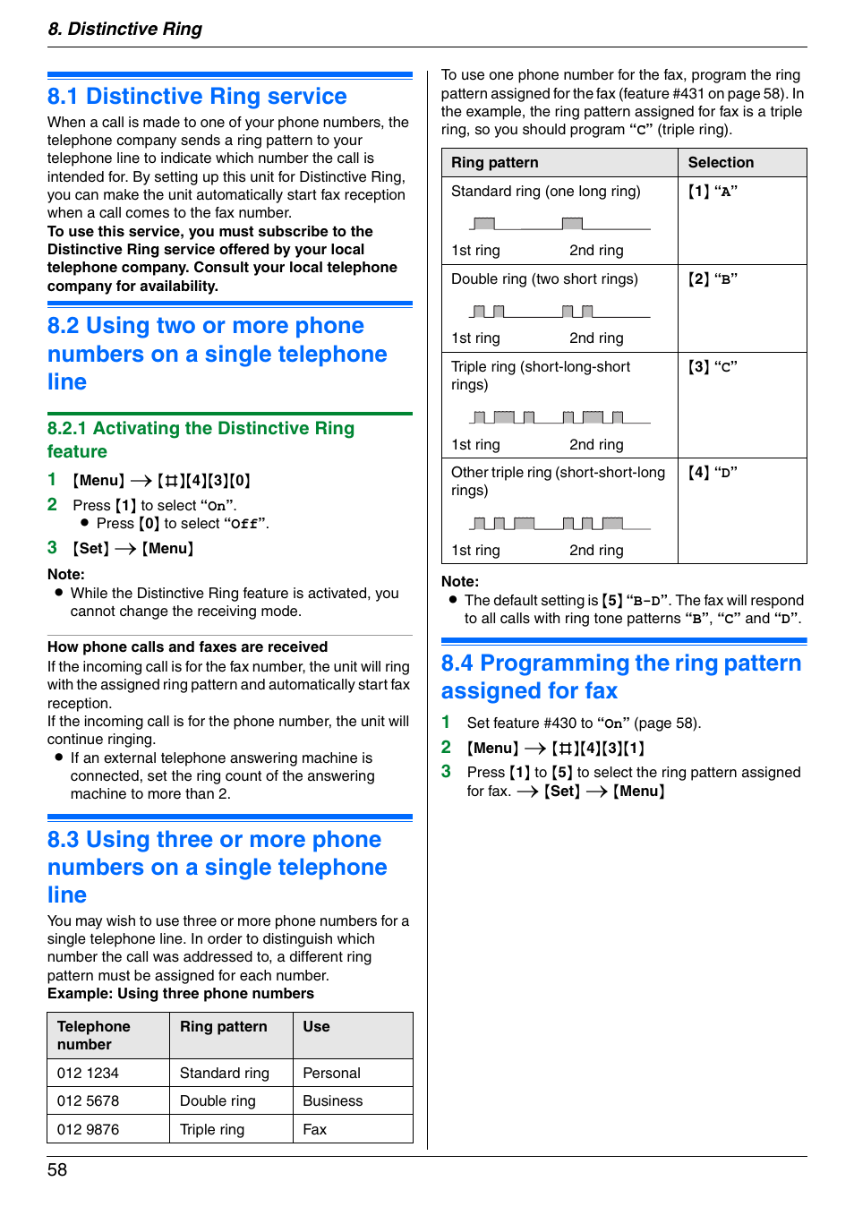 Distinctive ring, 1 distinctive ring service, 4 programming the ring pattern assigned for fax | Distinctive ring service, Programming the ring pattern assigned for fax, 1 distinctive ring service, 4 programming the ring pattern assigned for fax | Panasonic DPMC210 User Manual | Page 58 / 128