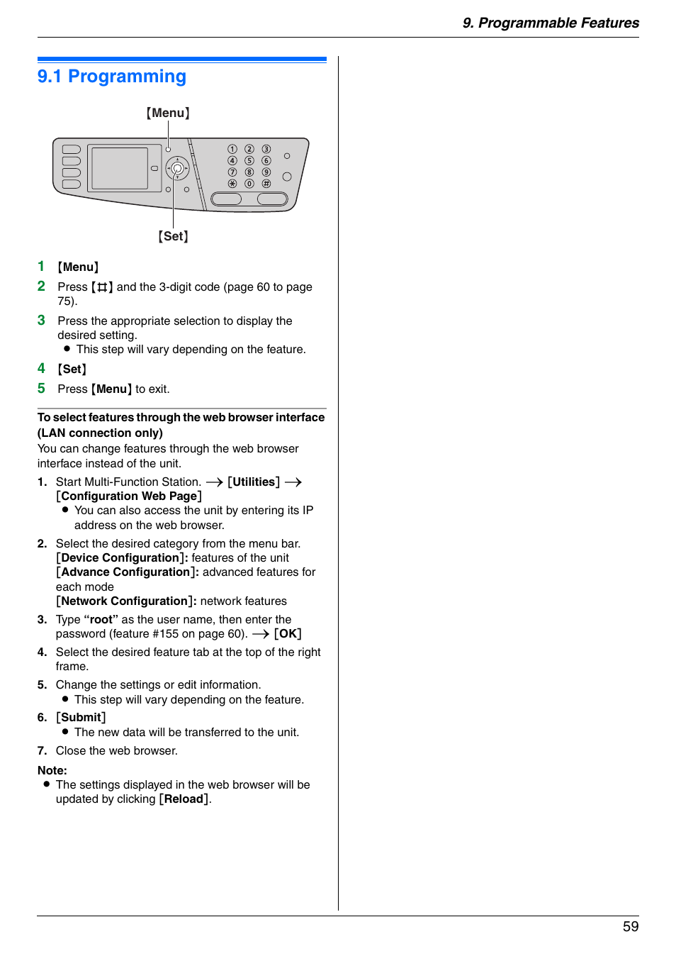 Programmable features, Features summary, 1 programming | Programming, 1 programming, Programmable features 59 | Panasonic DPMC210 User Manual | Page 59 / 128