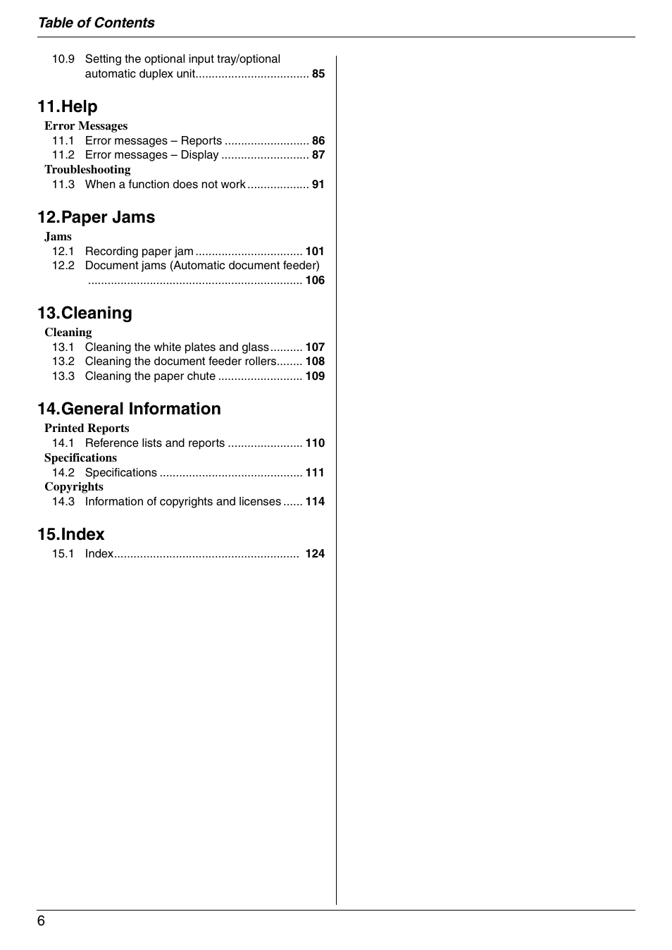 Help, Paper jams, Cleaning | General information, Index | Panasonic DPMC210 User Manual | Page 6 / 128
