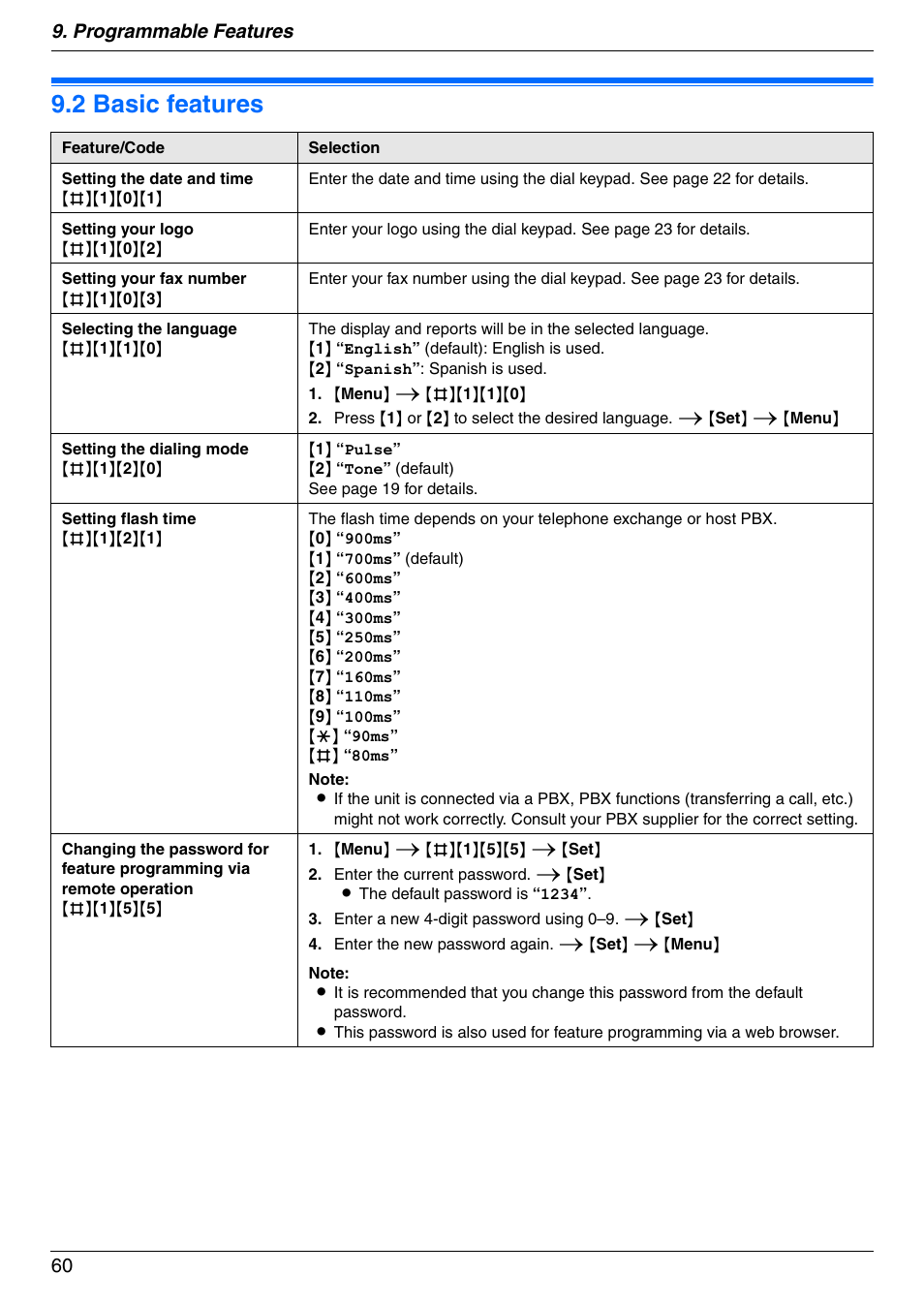 2 basic features, Basic features, 2 basic features | Programmable features 60 | Panasonic DPMC210 User Manual | Page 60 / 128