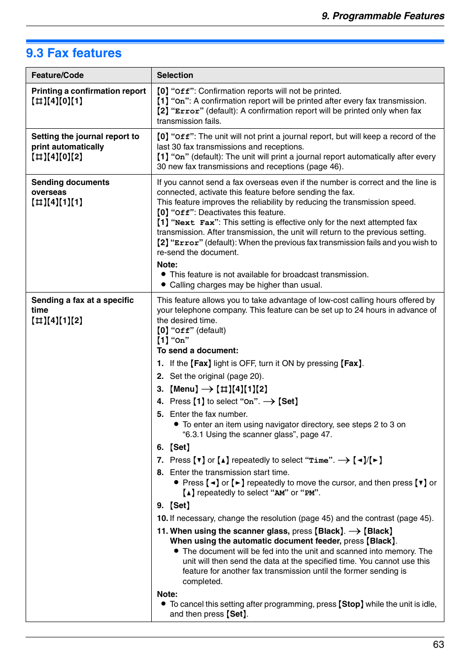 3 fax features, Fax features, 3 fax features | Programmable features 63 | Panasonic DPMC210 User Manual | Page 63 / 128