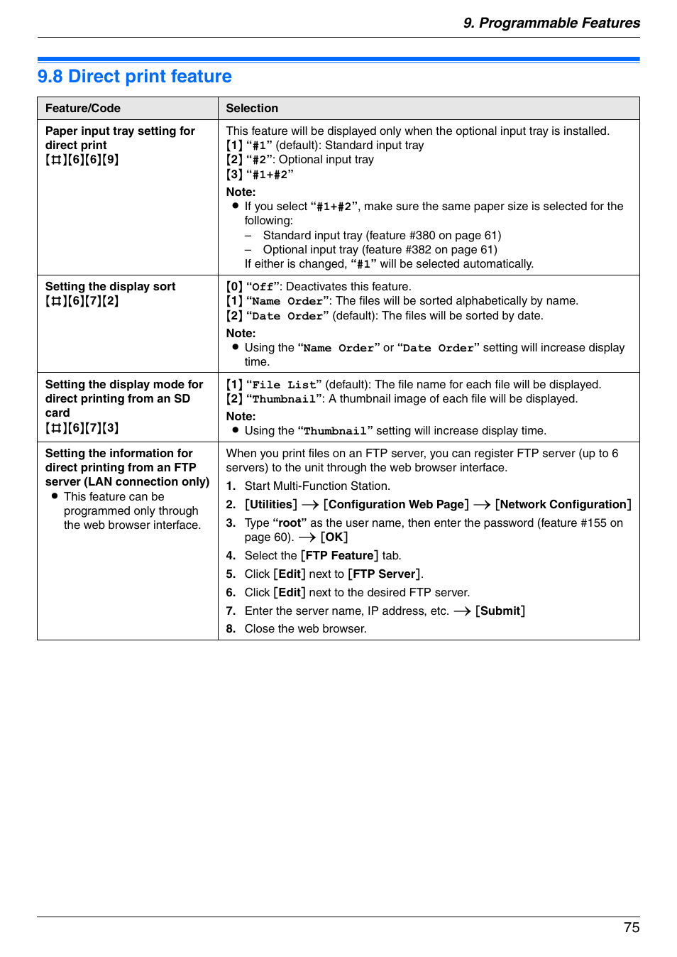 8 direct print feature, Direct print feature, 8 direct print feature | Programmable features 75 | Panasonic DPMC210 User Manual | Page 75 / 128