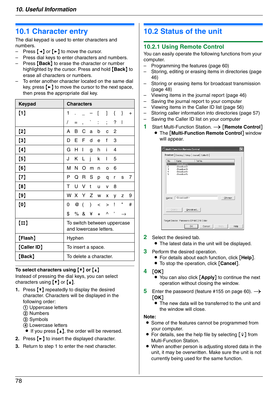 Useful information, 1 character entry, 2 status of the unit | Character entry, Status of the unit, 1 character entry, 2 status of the unit, Useful information 78, 1 using remote control | Panasonic DPMC210 User Manual | Page 78 / 128