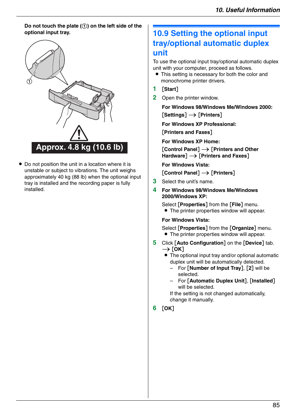 Setting the optional input tray/optional, Automatic duplex unit | Panasonic DPMC210 User Manual | Page 85 / 128