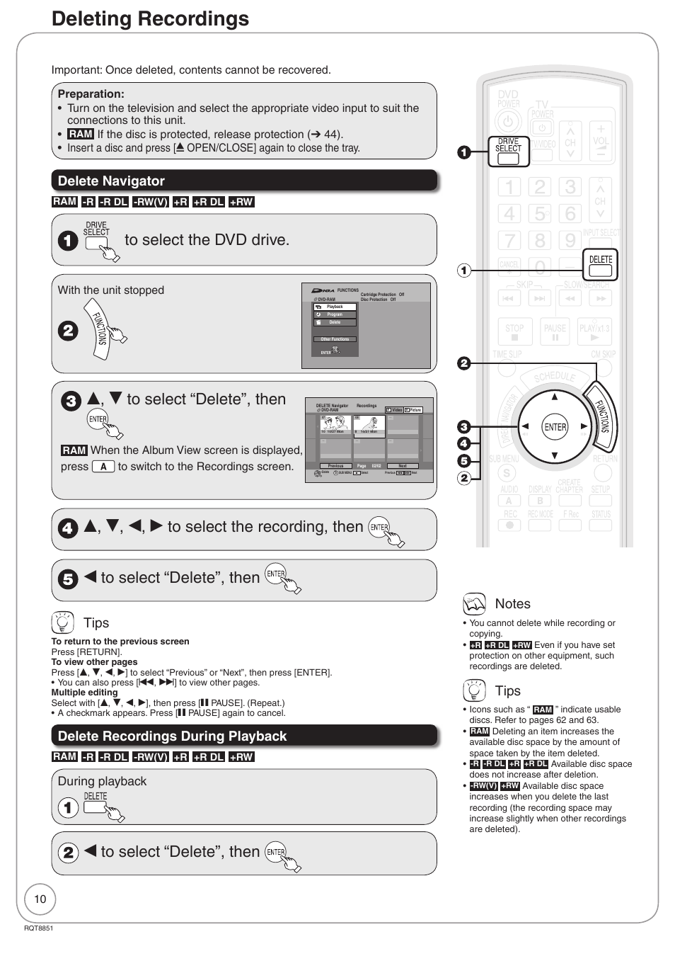 Deleting recordings, E, r to select “delete”, then, W to select “delete”, then | Delete navigator, Tips, Delete recordings during playback, During playback, With the unit stopped | Panasonic DIGA DMR-EZ27 User Manual | Page 10 / 84