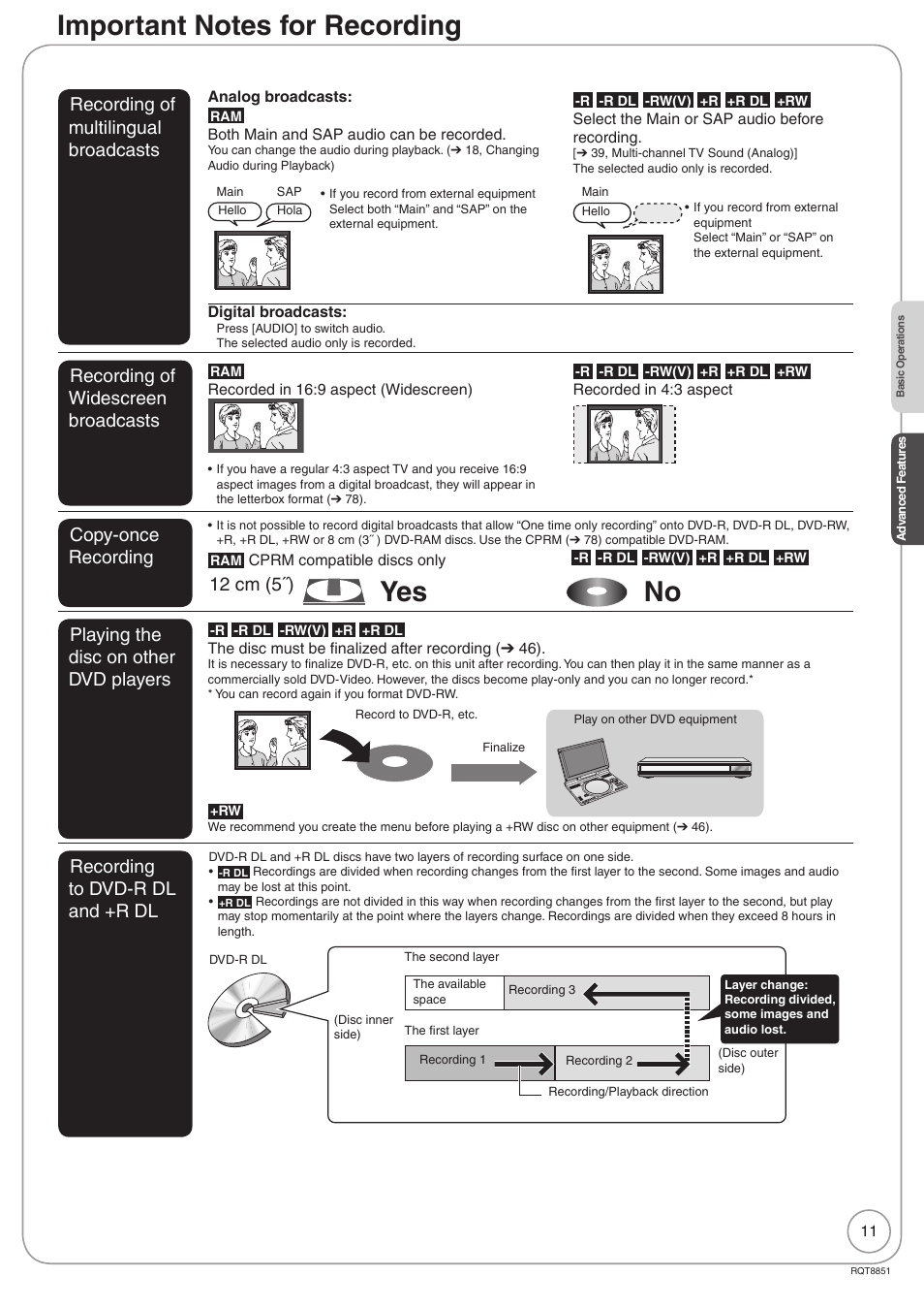 Advanced features, Important notes for recording, Yes no | Recording of multilingual broadcasts, Recording of widescreen broadcasts, Copy-once recording, Playing the disc on other dvd players, Recording to dvd-r dl and +r dl, 12 cm (5˝) | Panasonic DIGA DMR-EZ27 User Manual | Page 11 / 84