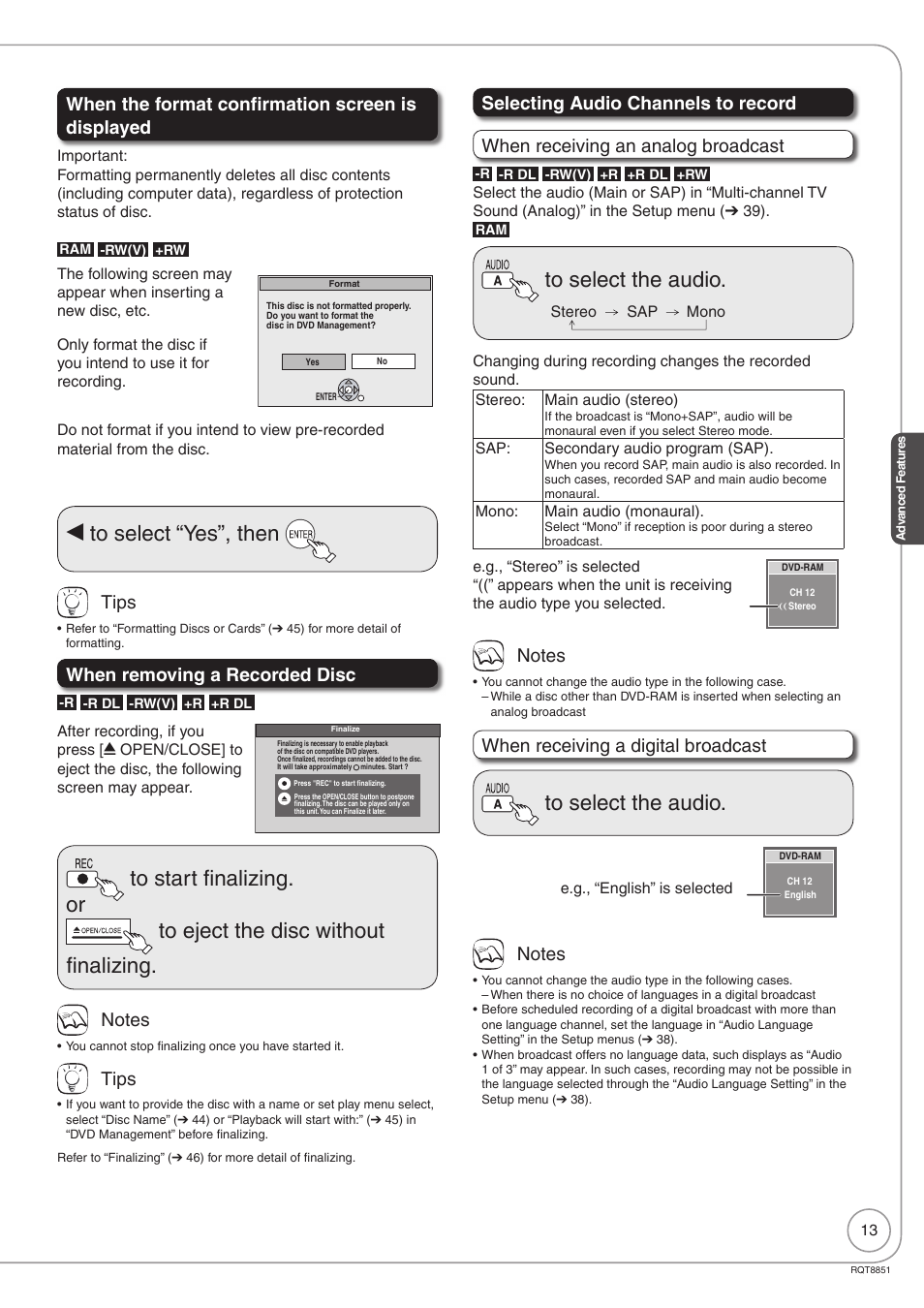 W to select “yes”, then, When the format confirmation screen is displayed, Tips | When removing a recorded disc, When receiving a digital broadcast | Panasonic DIGA DMR-EZ27 User Manual | Page 13 / 84