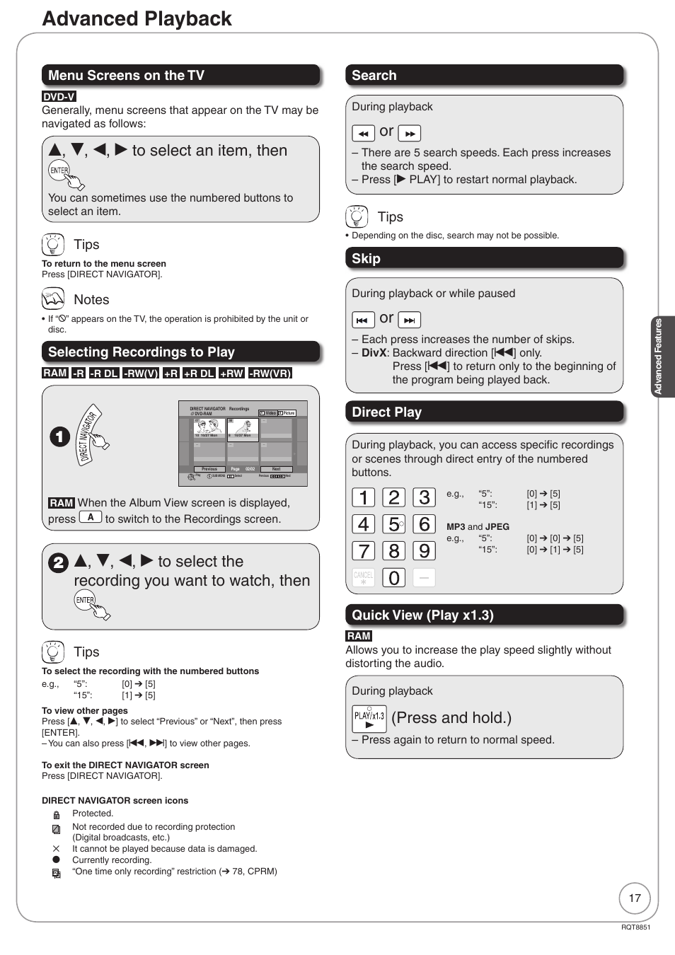 Advanced playback, E, r, w, q to select an item, then, Press and hold.) | Menu screens on the tv, Tips, Selecting recordings to play, Search, Skip, Direct play, Quick view (play x1.3) | Panasonic DIGA DMR-EZ27 User Manual | Page 17 / 84