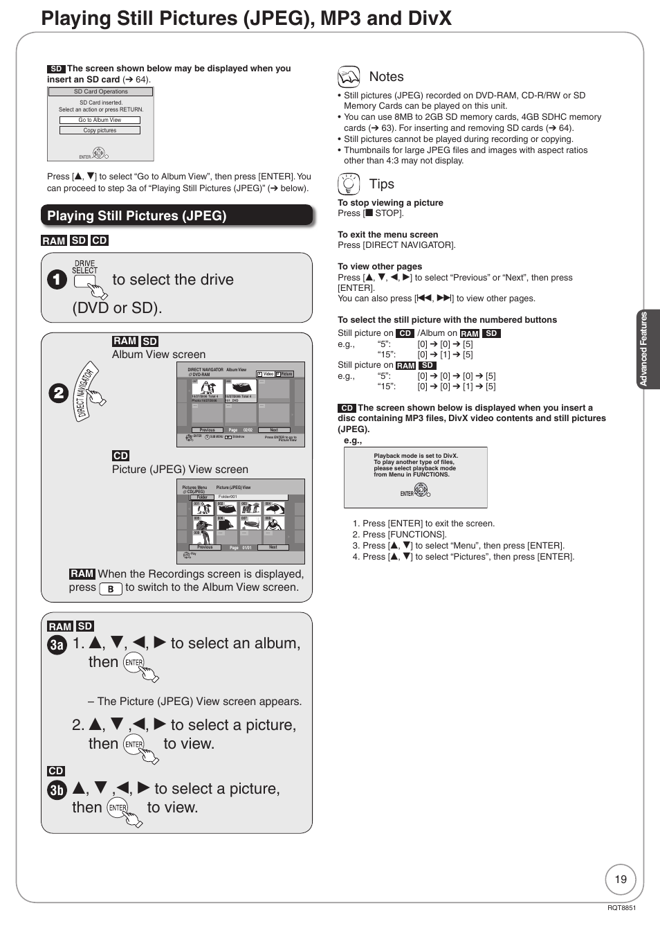 Playing still pictures (jpeg), mp3 and divx, E, r, w, q to select an album, then, E, r ,w, q to select a picture, then to view | Playing still pictures (jpeg), Tips, Album view screen, Picture (jpeg) view screen, The picture (jpeg) view screen appears | Panasonic DIGA DMR-EZ27 User Manual | Page 19 / 84