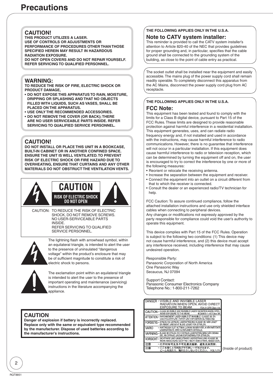 Getting started, Precautions, Caution | Warning | Panasonic DIGA DMR-EZ27 User Manual | Page 2 / 84