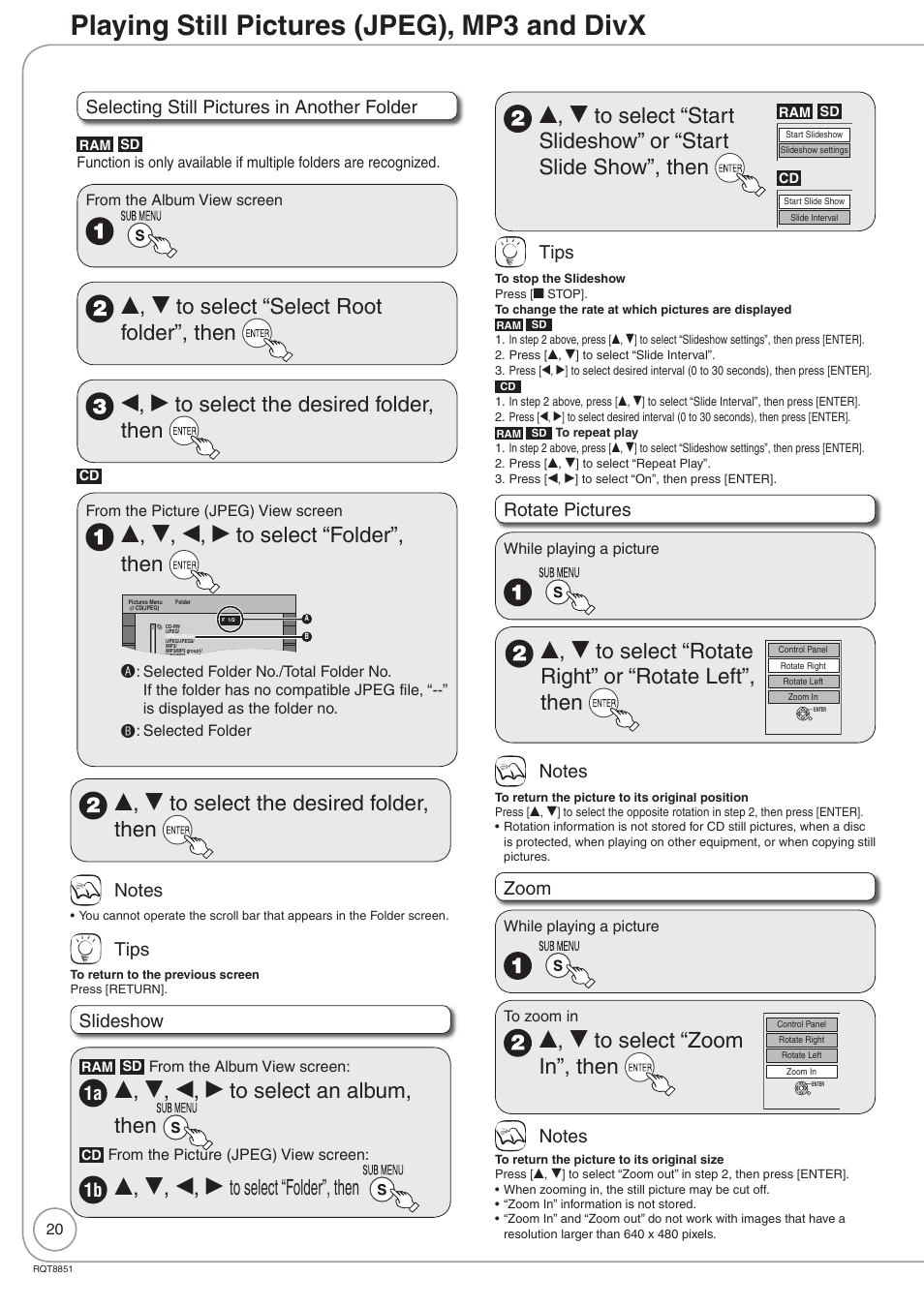 Playing still pictures (jpeg), mp3 and divx, E, r, w, q to select “folder”, then, E, r to select “zoom in”, then | E, r to select the desired folder, then, E, r, w, q to select an album, then, Selecting still pictures in another folder, Tips, Rotate pictures, Zoom, Slideshow | Panasonic DIGA DMR-EZ27 User Manual | Page 20 / 84