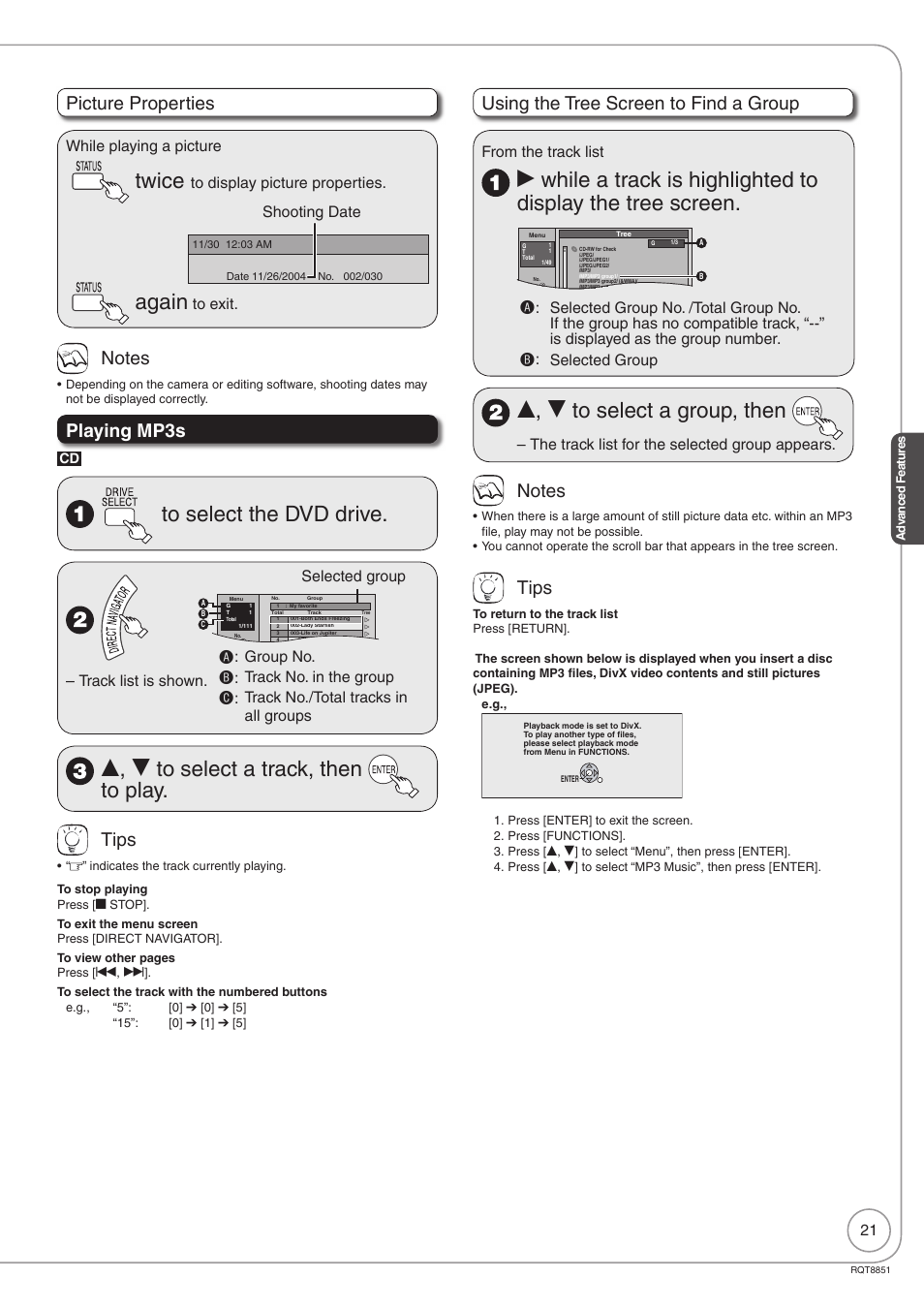 Twice, Again, E, r to select a track, then to play | E, r to select a group, then, Picture properties, Playing mp3s, Tips, Using the tree screen to find a group, While playing a picture, Shooting date | Panasonic DIGA DMR-EZ27 User Manual | Page 21 / 84