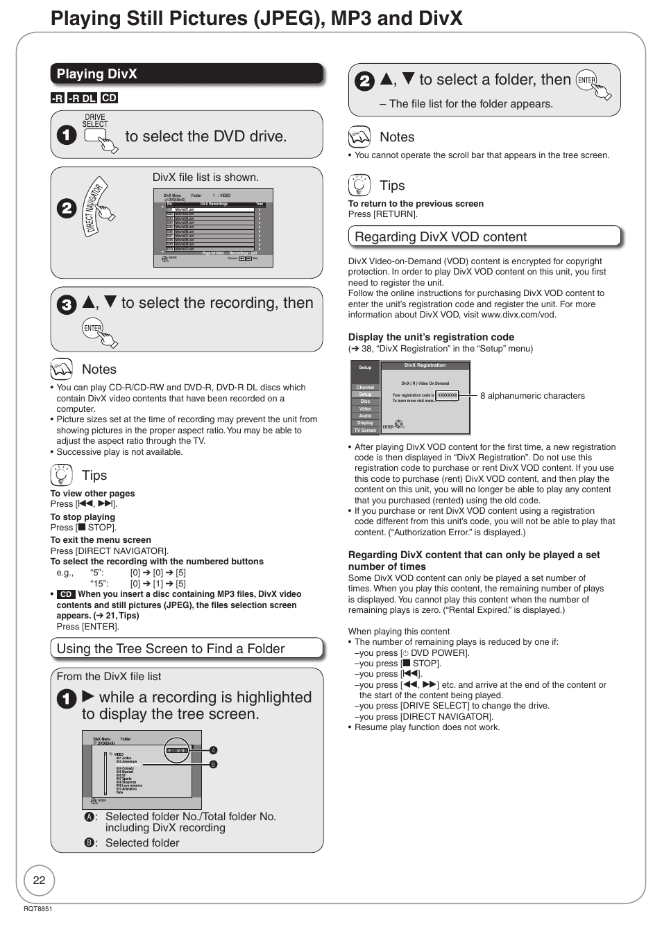 Playing still pictures (jpeg), mp3 and divx, E, r to select the recording, then, E, r to select a folder, then | Playing divx, Tips, Using the tree screen to find a folder, Regarding divx vod content, Divx file list is shown, Selected folder, The file list for the folder appears | Panasonic DIGA DMR-EZ27 User Manual | Page 22 / 84