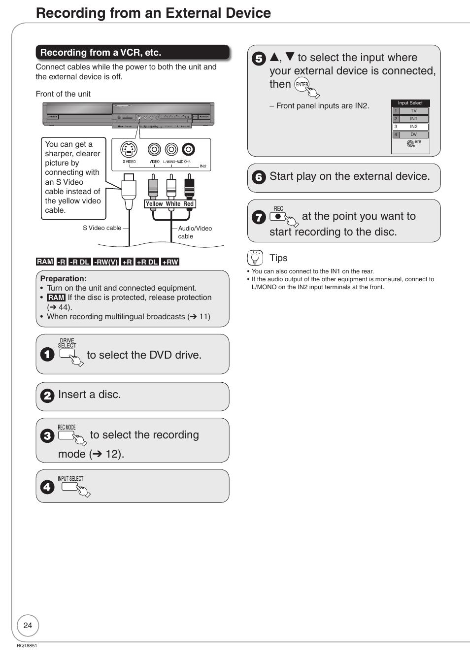 Recording from an external device, Recording from a vcr, etc, Tips | Panasonic DIGA DMR-EZ27 User Manual | Page 24 / 84