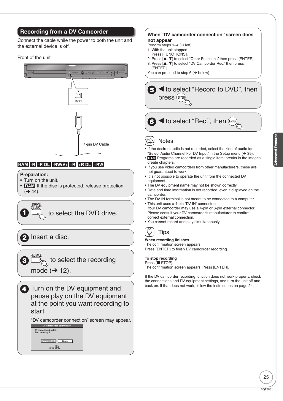 Recording from a dv camcorder, Tips | Panasonic DIGA DMR-EZ27 User Manual | Page 25 / 84