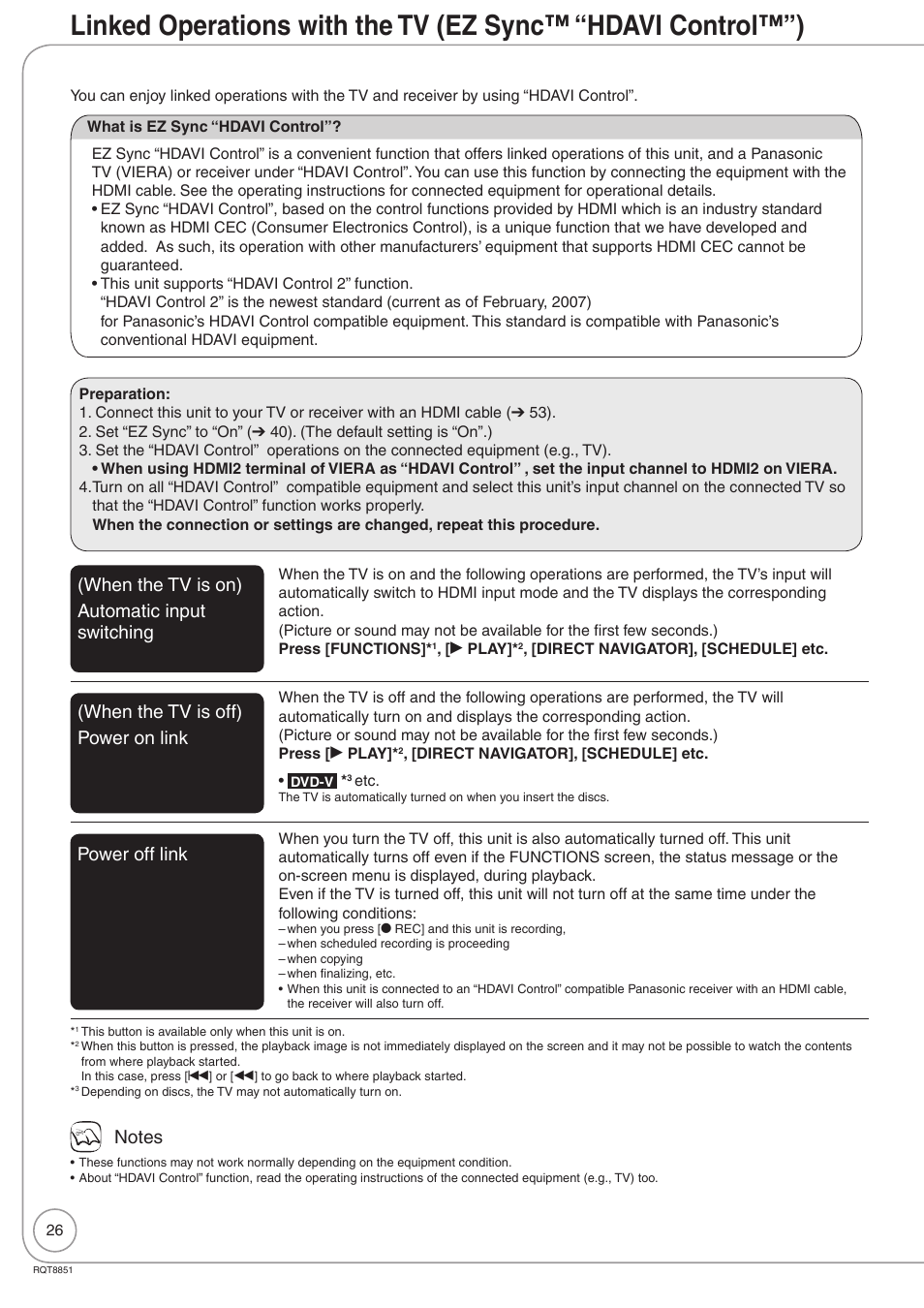 When the tv is on) automatic input switching, When the tv is off) power on link, Power off link | Panasonic DIGA DMR-EZ27 User Manual | Page 26 / 84