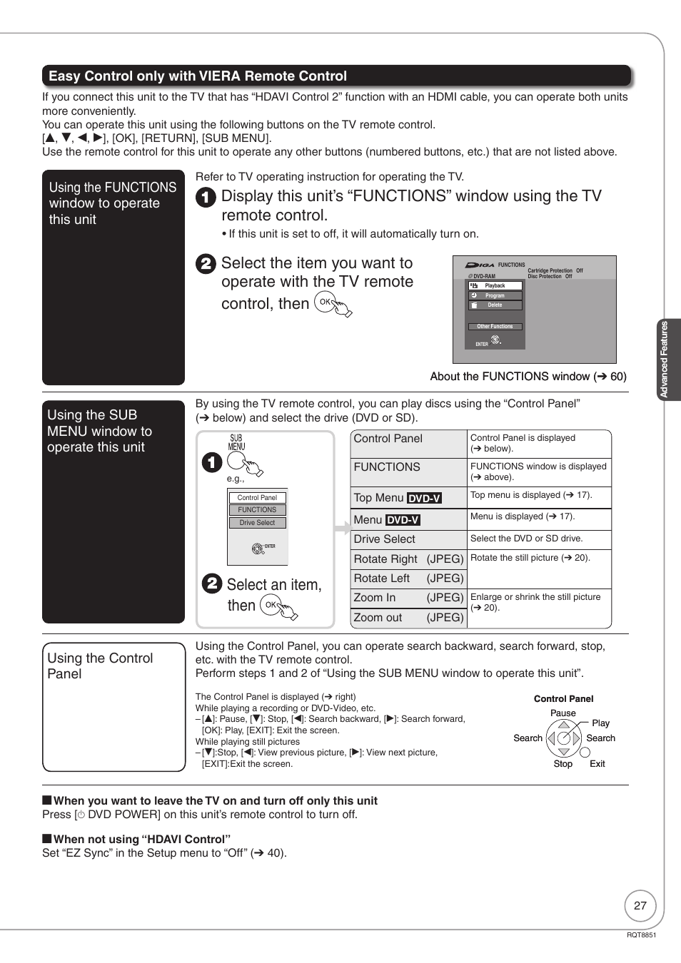 Select an item, then, Easy control only with viera remote control, Using the functions window to operate this unit | Using the sub menu window to operate this unit, Using the control panel | Panasonic DIGA DMR-EZ27 User Manual | Page 27 / 84