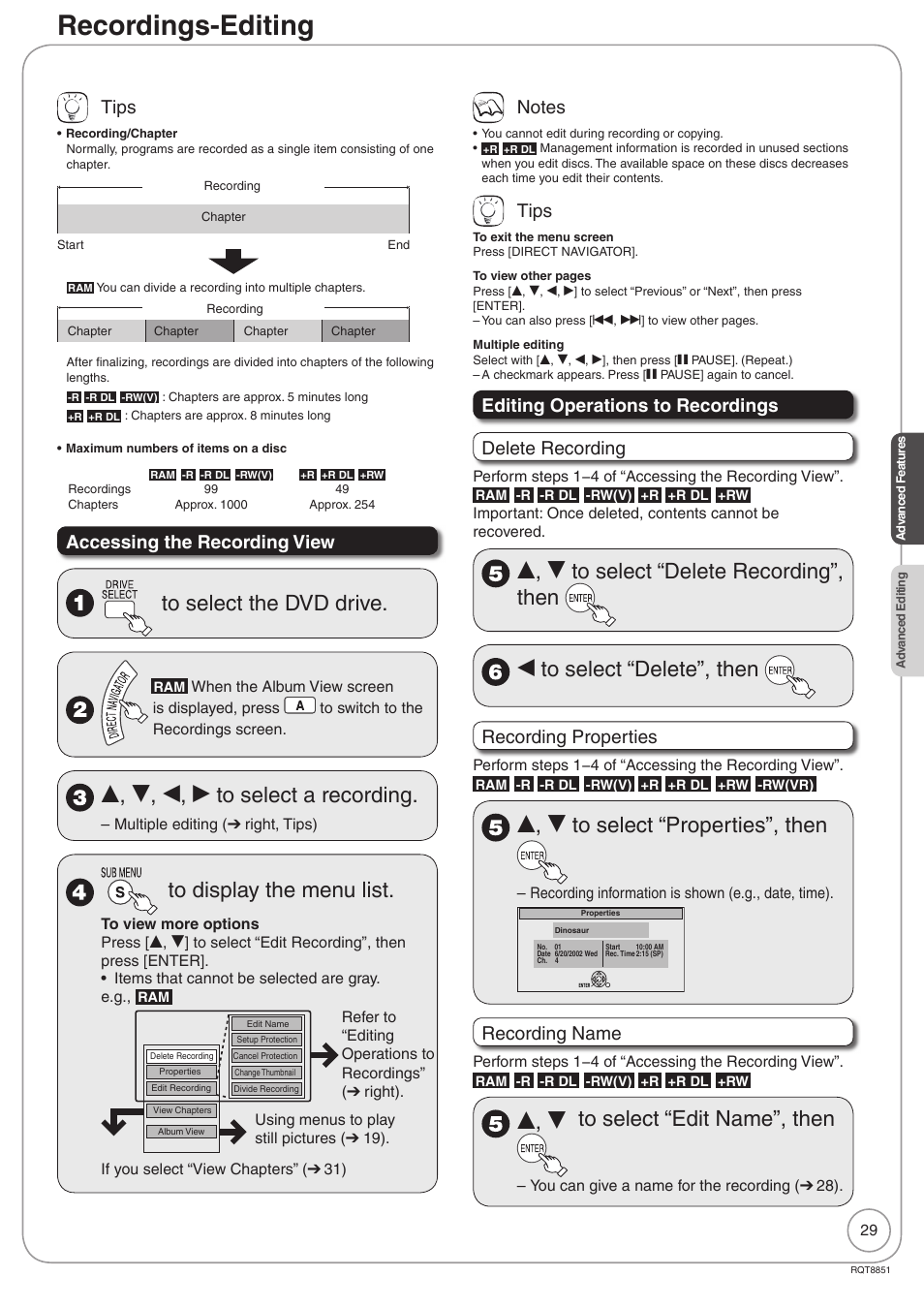 Advanced editing, Recordings-editing, E, r, w, q to select a recording | E, r to select “properties”, then, E, r to select “edit name”, then, Tips, Accessing the recording view, Editing operations to recordings delete recording, Recording properties, Recording name | Panasonic DIGA DMR-EZ27 User Manual | Page 29 / 84